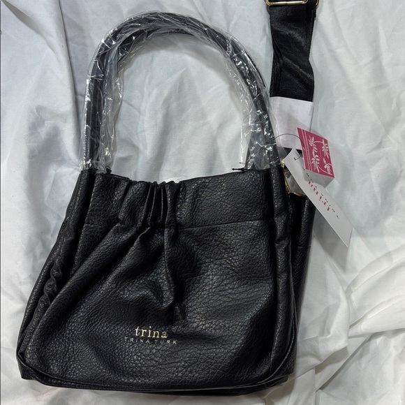 Trina Turk Black Vegan Leather Tote Purse With Webbing Strap And Coin Purse